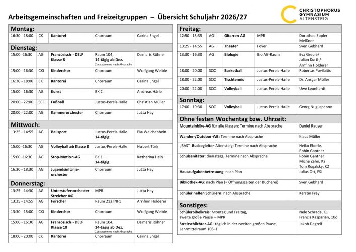 Übersicht Schuljahr 2026/27 der Arbeitsgemeinschaften und Freizeitgruppen am Christophorus Gymnasium Altensteig mit Tagen, Zeiten, Räumen und Ansprechpartnern.